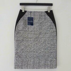 NWT OSCAR DE LA RENTA Black Leather & Boucle Twill Tweed Pencil Skirt 4